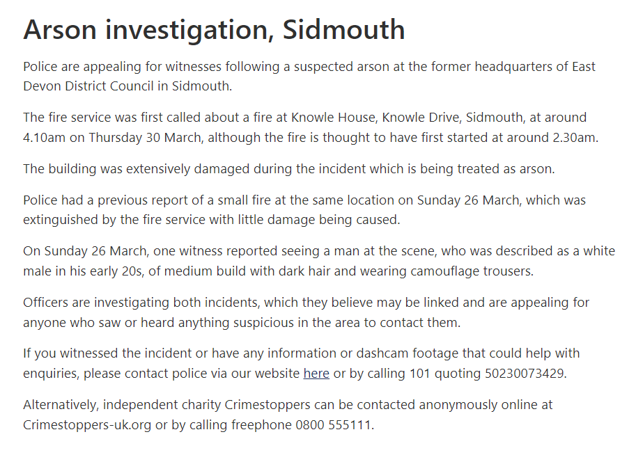 Police are appealing for witnesses following a suspected arson at the former headquarters of East Devon District Council in #Sidmouth.

crowd.in/EPrWJG

#LatestNews