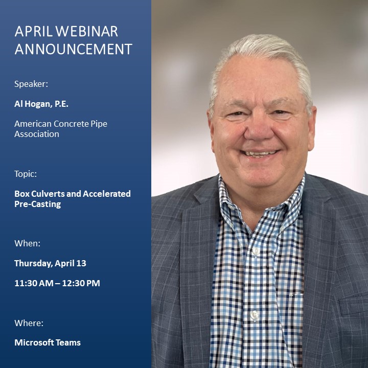 ASHE_TNValley's tweet photo. Join us virtually on Thursday, April 13 at 11:30 AM for a presentation from Al Hogan, PE (American Concrete Pipe Association) as he presents on Box Culverts and Accelerated Pre-Casting.

https://t.co/VQBkU1wsH9 https://t.co/8ulGvDpwvP