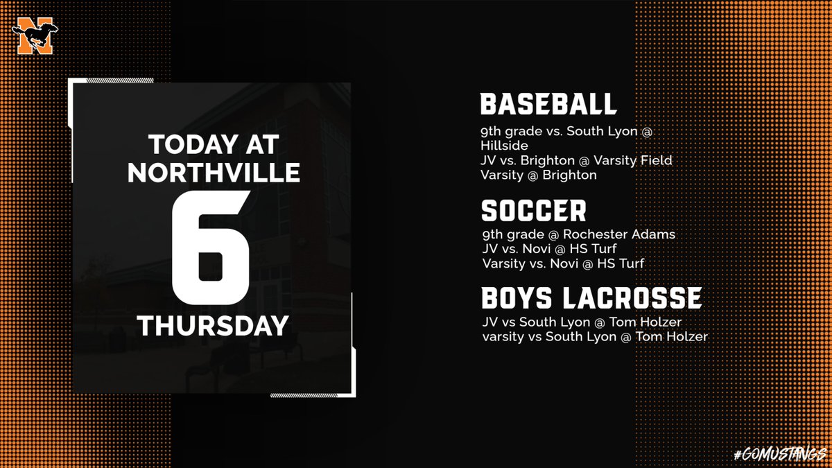 nvilleathletics's tweet photo. A busy day in Northville Athletics!  Good luck to baseball, soccer, and boys lacrosse today.  #GoMustangs #BeAGreatTeammate #MakeSomeoneBetter https://t.co/T5FZ2hi85o
