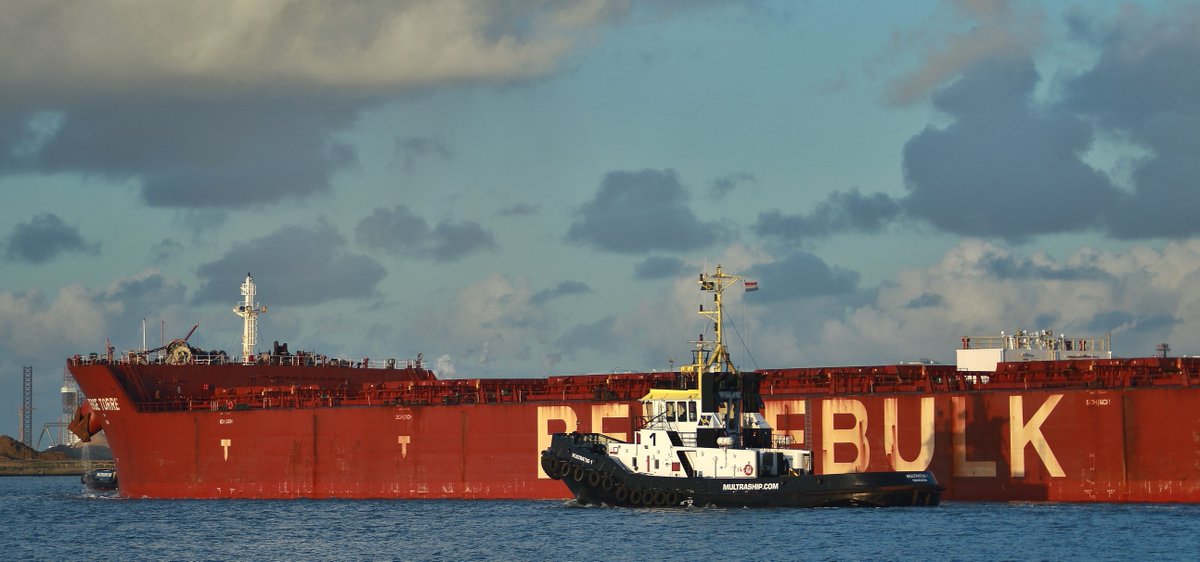 Multraship's tweet photo. Another 'first' recently, as a new record was set - a vessel with the largest draft ever (16.8mtrs) was allowed to enter #Vlissingen, proudly assisted by #Multraship. 

Photo credits: Henk Noevers

#tugs #towage #harbourtowage #shipping #maritime https://t.co/4qIXO2F9QR