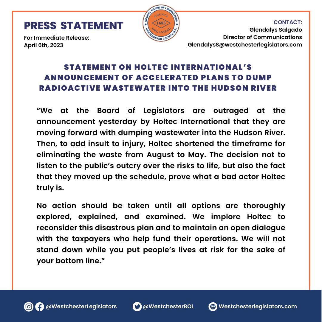 westchesterBOL's tweet photo. #WCBOL releases statement on Holtec International's Announcement of Accelerated Plans to Dump Radioactive Wastewater into the Hudson River. https://t.co/pLWSK30GMm