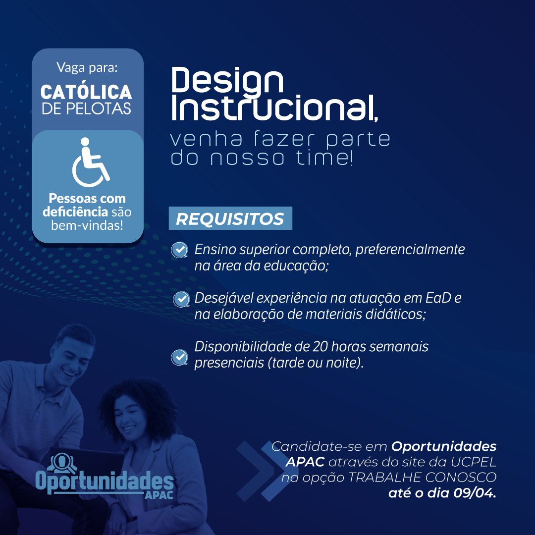 UCPel's tweet photo. 🚀 Tem vaga no Grupo APAC! 😍
Estamos em busca de designer instrucional!
Auxilie na elaboração, implementação e desenvolvimento de nossos produtos educacionais, vem ser Grupo APAC!
Acesse agora mesmo o nosso site de oportunidades e se inscreva!
#ucpel #pelotas #vagaspelotas https://t.co/VHiLRjoU04