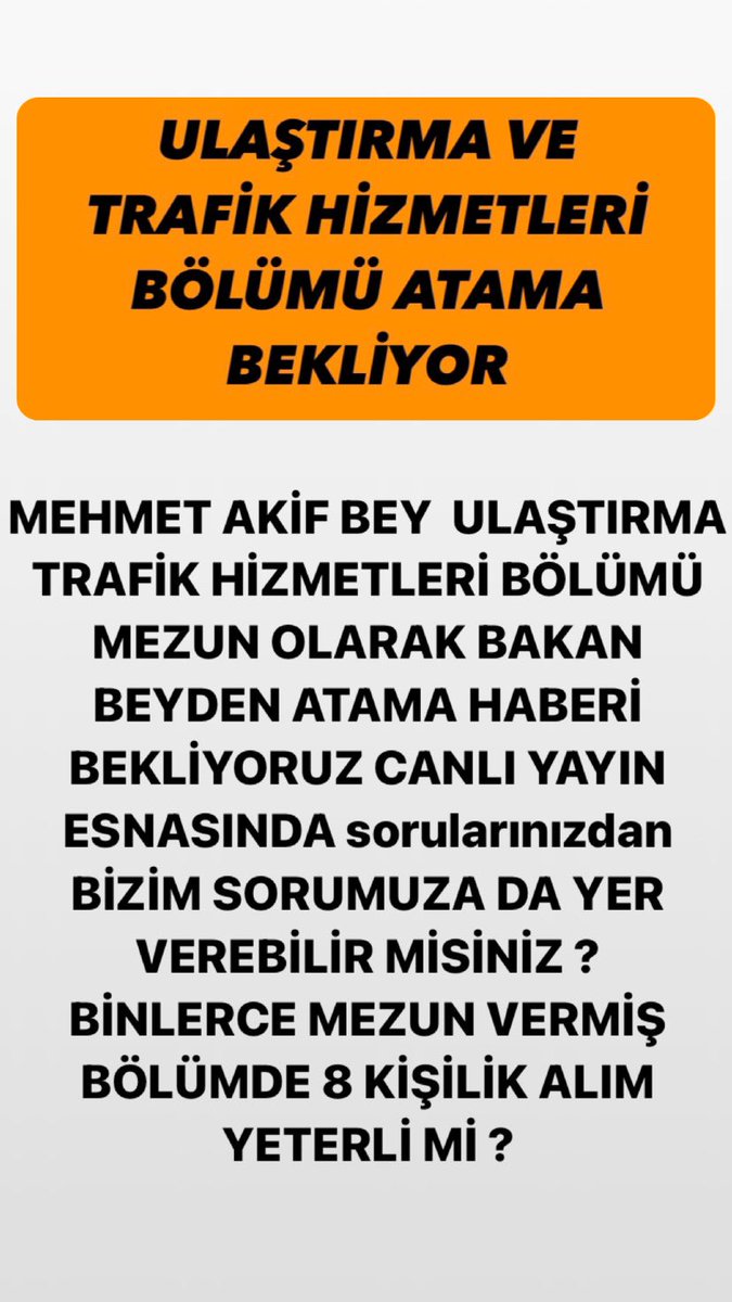 <a href="/HaberturkTV/">Habertürk TV</a> <a href="/ersoyakif1/">Mehmet Akif ERSOY</a> <a href="/akaraismailoglu/">Adil Karaismailoğlu</a> <a href="/ersoyakif1/">Mehmet Akif ERSOY</a> Bey ULAŞTIRMA ve TRAFİK HİZMETLERİ bölümü mezunu olarak bakan beyden atama haberi bekliyoruz. Yayın esnasında sorularınızdan bizim sorumuza da yer verebilir misiniz? Binlerce mezun vermiş bölümde 8 kişilik alım yeterli mi ? #NedirNeDeğildir #trafikteknikeriatama