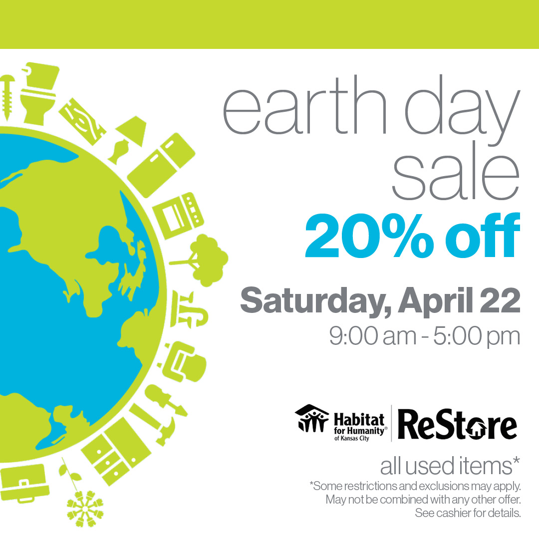 ReStoreKC's tweet photo. Join our ReStores in celebrating Earth Day!  🌎♻️ Save 20% off used inventory at all five ReStore locations on Saturday, April 22! Please visit our website for donation criteria  👉https://t.co/xqd2eZZCp3 https://t.co/BQPu7Qnfwp