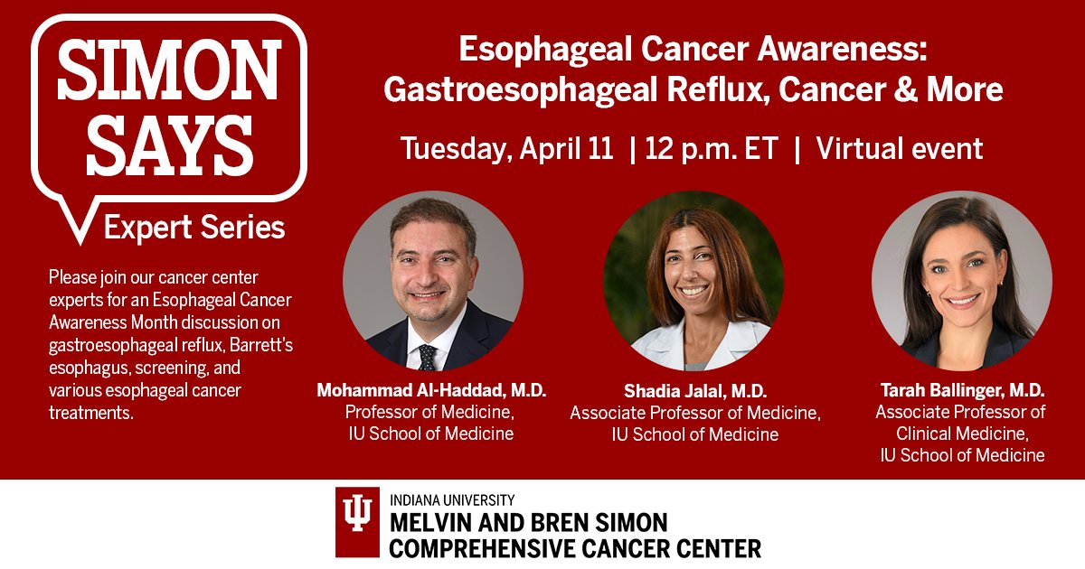 Drs. @alhaddad_mo and @ShadiaJalal will discuss gastrosophageal reflux, Barrett's esophagus, screening, and various esophageal cancer treatments. Dr. @TarahBallinger will moderate. Submit your questions and register now: go.iu.edu/3PZ4. @IUGastro @IUMedSchool