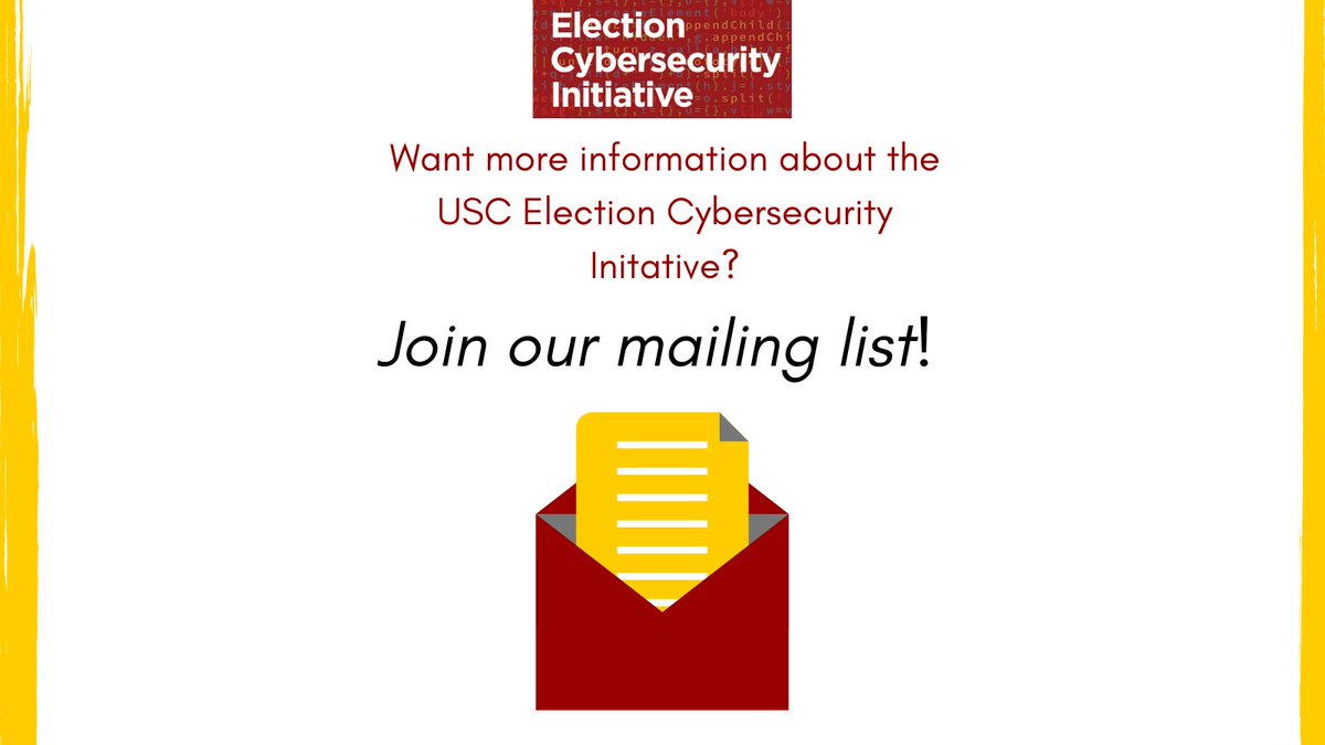 Bored of endlessly scrolling through Twitter for Election Security updates? Join our mailing list and get timely curated news about Election Cybersecurity delivered directly to your inbox! #electionnews #cyberspace
Subscribe today ---> electionsecurity.usc.edu/get-involved/