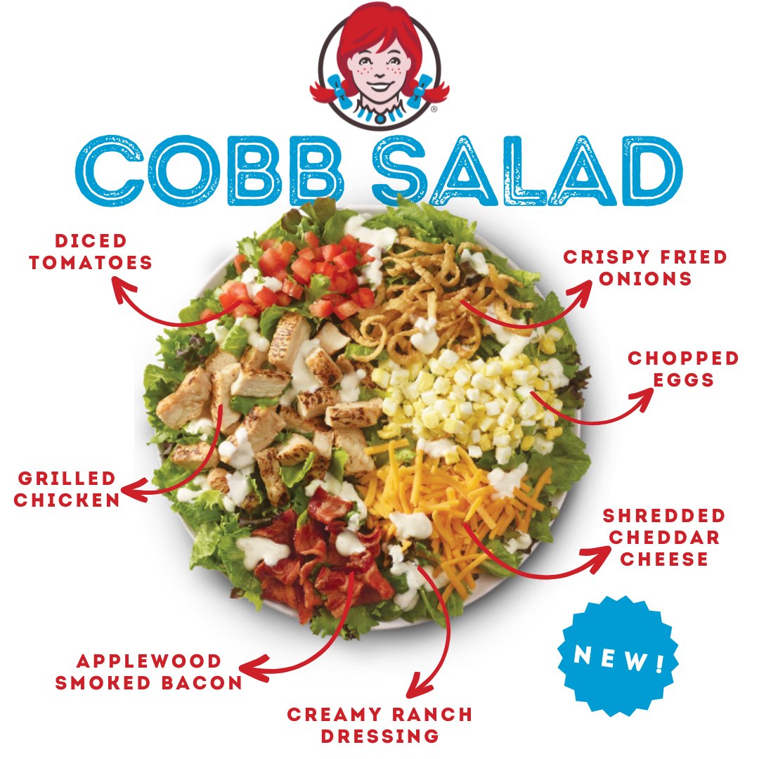 SchmidtFamilyRG's tweet photo. The New Wendy's Grilled Chicken Cobb Salad brings a lot to the table. Literally. Made fresh daily with Wendy’s signature lettuce blend and a mix of delicious, filling toppings. A hearty salad you can hardly wait for. https://t.co/d6RpkvFV1i