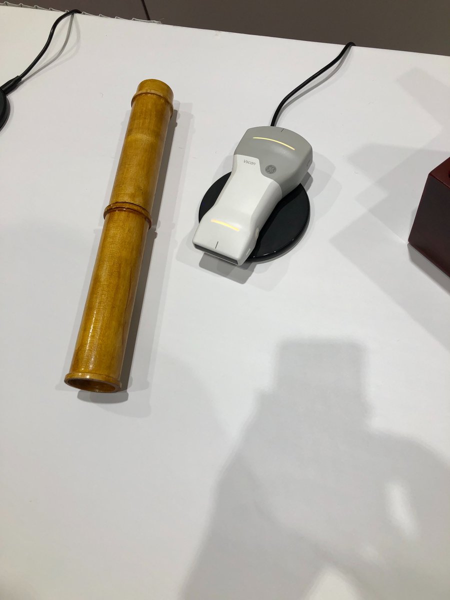 GEHealthCare's tweet photo. Did you ever think you'd see 207 years of cardiac technology in one photo? Dr. Michael Barrett of @LVHN captured this photo of our VScan Air next to an original Laennec's stethoscope replica from 1816!

#CardiacTechnology #EvolvingTechnology #Ultrasound #POCUS https://t.co/AZSSHtqlCl