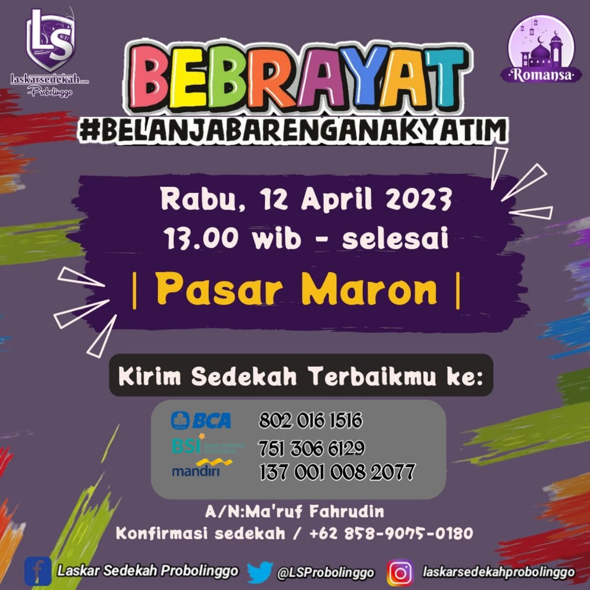Bismillahirrahmanirrahim , yuk yang mau ikut meramaikan keseruan bernagi di bulan ramdhan , ada acara BELANJA BARENG ANAK YATIM dari Laskar sedekah Probolinggo 
#bebrayat
#lsprobolinggo
#sedekahonline