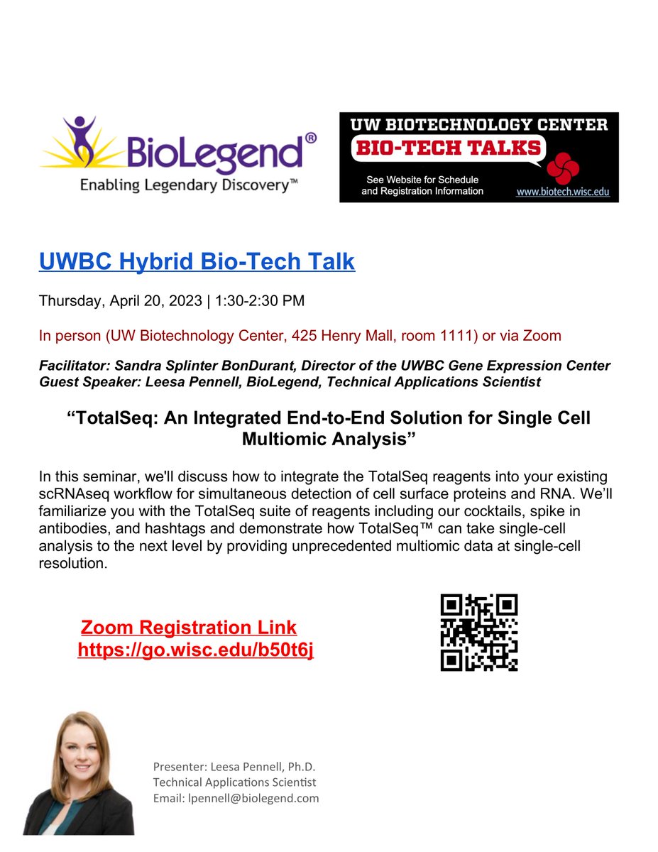 Join us on April 20th (1:30-2:30) for our monthly hybrid UWBC Bio-Tech Talk! Guest Speaker: Leesa Pennell <a href="/BioLegend/">BioLegend from Revvity</a>. “TotalSeq: An Integrated End-to-End Solution for Single Cell Multiomic Analysis." Come in person (425 Henry Mall) or join us via Zoom: go.wisc.edu/b50t6j