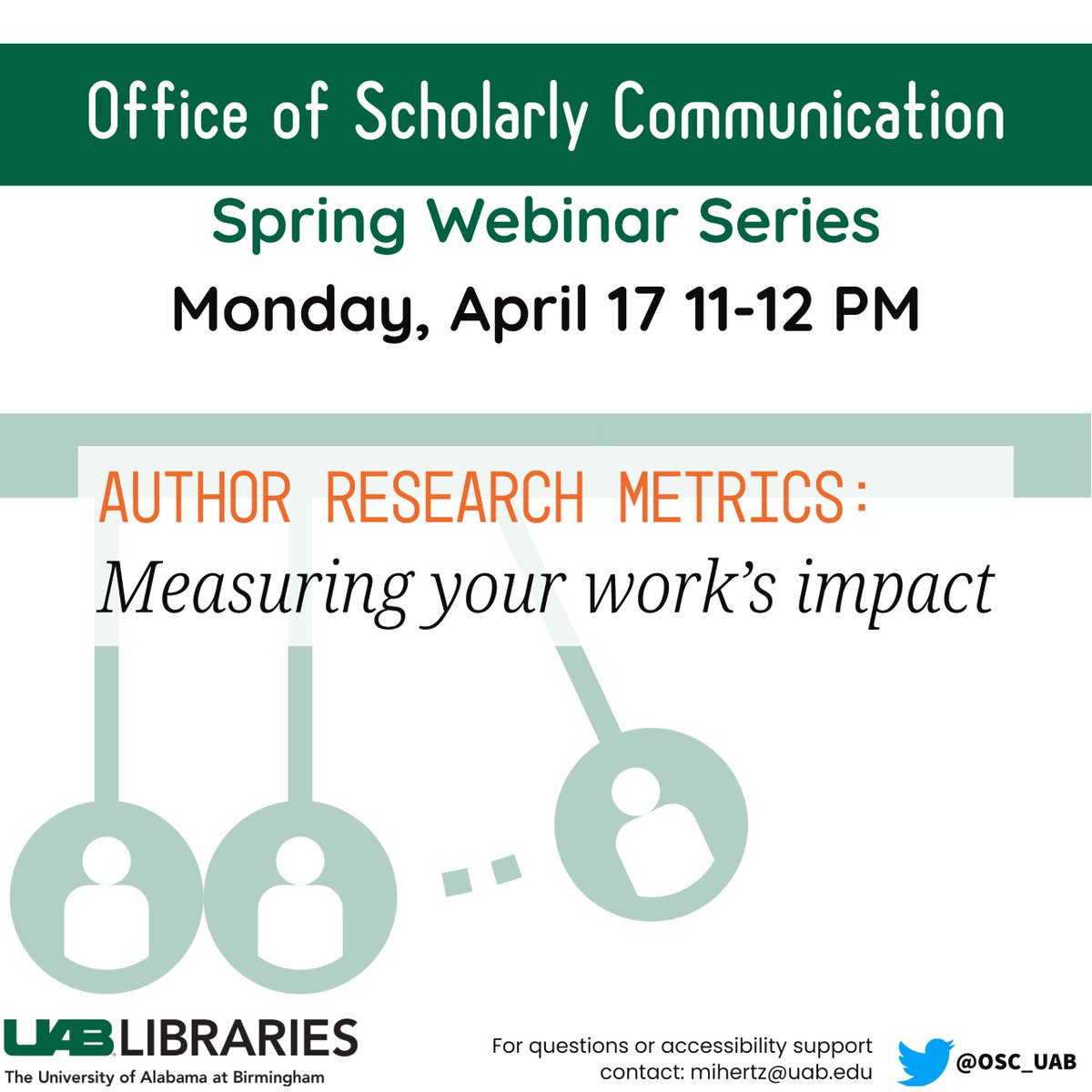 🧐Have you been told that you should know your h-index, but you’re not sure what that means? 
⚖️Heard of Altmetrics but not sure why you should care? 
📏Come learn about bibliometrics, scientometrics, and altmetrics! 

Learn more and register: libcal.library.uab.edu/calendar/OSC?c…