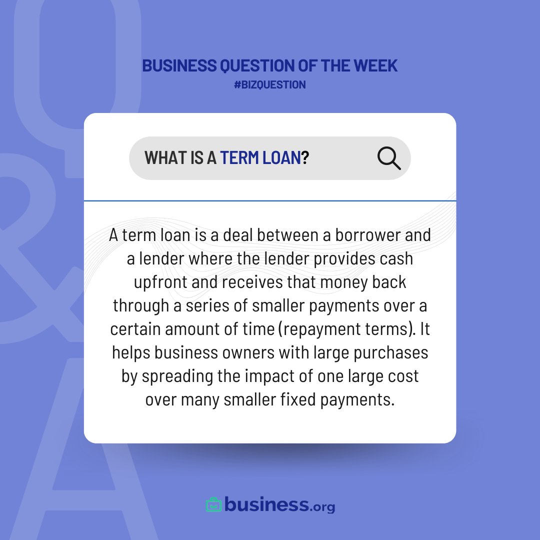 businessdotorg's tweet image. This week, our #BizQuestion of the week dives into term loans!
Need to make a larger purchase for your #SmallBusiness? Look into #TermLoans 🏦
Want to learn more? ➡️ bit.ly/3nIddSy
