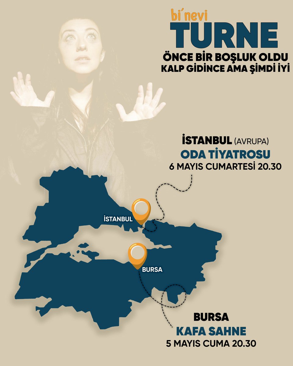 🚎 bi’nevi 🧳 
🧳 TURNE ✈️

🍂🍂 
ÖNCE BİR BOŞLUK OLDU
KALP GİDİNCE
AMA ŞİMDİ İYİ
🍂🍂

🗓 5 MAYIS CUMA 20.30
🚎 KAFA SAHNE, BURSA

6 MAYIS CUMARTESİ 20.30
✈️ ODA TİYATROSU, İSTANBUL

🎫🎟
biletinial.com/tiyatro/once-b…