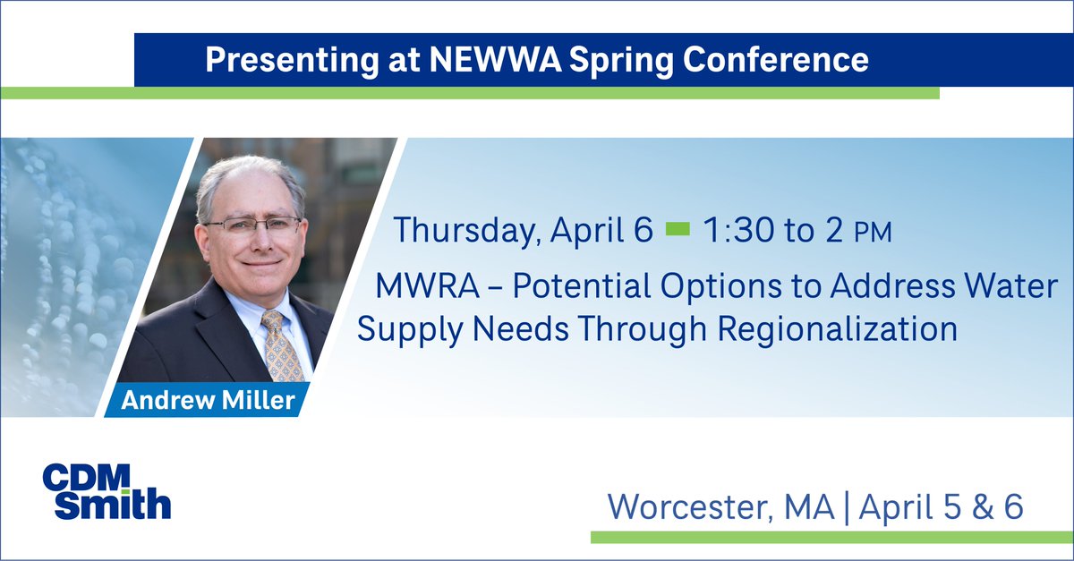 During #NEWWASpring Session 15, Distribution II this afternoon, CDM Smith’s Andy Miller, PE and Katherine Ronan, Project Manager at MWRA, discuss water quantity and quality challenges being faced by local communities and how MWRA may be able to help.