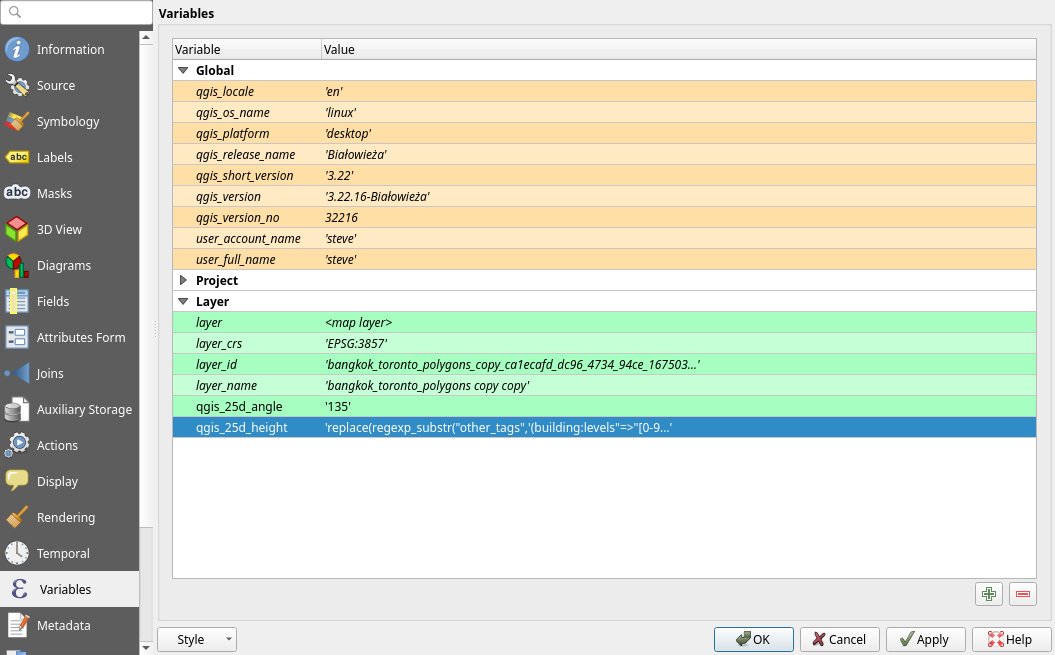 Using string expressions in #qgis to extract building levels from #OpenStreetMap tags
