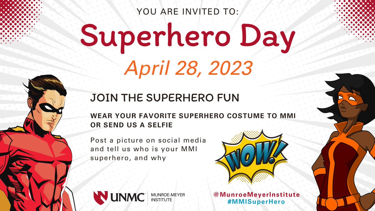 unmc_mmi's tweet photo. Get your costumes ready and join us on #NationalSuperheroDay (4/28) at #unmcMMI to be thankful for and celebrate everyone doing important jobs, real or fictional! Who is your #MMISuperhero & why?
#MMIevent #SuperheroDay #mmiCommunityEngagement https://t.co/Pa5QUQiv8o