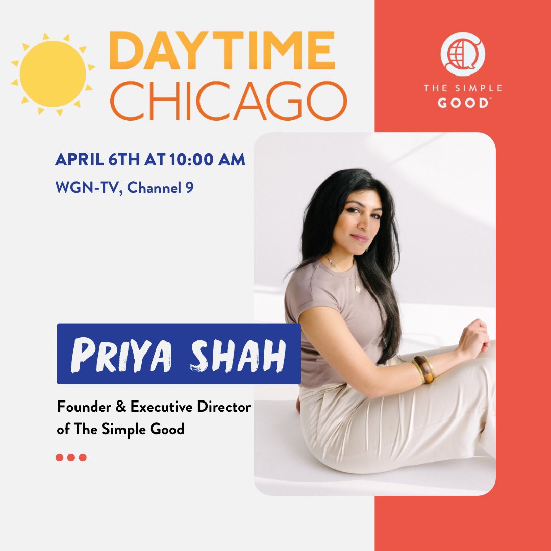 TheSimpleGood®️ (@thesimplegood) on Twitter photo Our #fearlessfounder <a href="/PriyaShah16/">Priya Shah</a> will appear on <a href="/DaytimeChicago/">DaytimeChicago</a> on #WGN Channel 9 today, April 6th at 10AM! Tune in to learn about The Simple Good & hear some exciting announcements about our upcoming 8th Annual Urban Art Scavenger Hunt #fundraiser, <a href="/HuntForGoodChi/">TheHuntForGood</a> on June 24th! Our #fearlessfounder <a href="/PriyaShah16/">Priya Shah</a> will appear on <a href="/DaytimeChicago/">DaytimeChicago</a> on #WGN Channel 9 today, April 6th at 10AM! Tune in to learn about The Simple Good & hear some exciting announcements about our upcoming 8th Annual Urban Art Scavenger Hunt #fundraiser, <a href="/HuntForGoodChi/">TheHuntForGood</a> on June 24th!