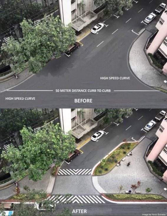 Beautiful transformation in Makati, Philippines. This street is now safer for people walking, rolling, and driving alike due to simple infrastructure changes designed to slow motor vehicles.