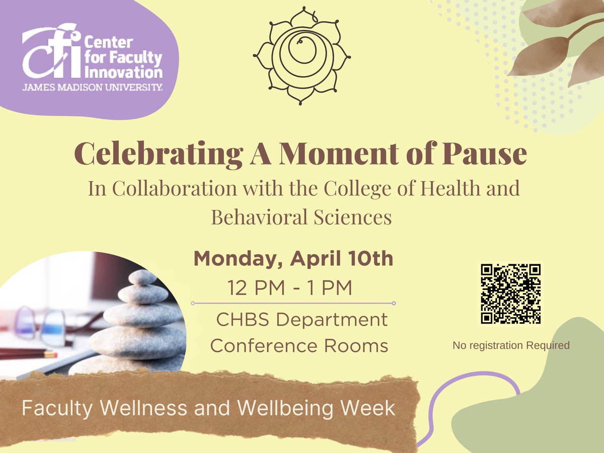 Faculty within the CHBS are encouraged to take time during the Wellness and Wellbeing week to Celebrate a Moment of Pause and reflect on what self-care means to you. Follow the link below for more details! tinyurl.com/44v6azja @jmuchbs