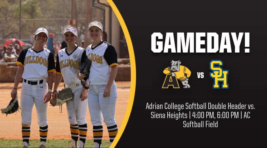 🚨DOUBLE HEADER!🚨
🥎<a href="/AC_softball/">Adrian College NCAA Softball</a> vs. Siena Heights University
 ⏰  4:00PM | 6:00PM 
📍AC Softball Field  
📊 rb.gy/z0933
📺 rb.gy/zgraz

#d3softball #GDTBAB