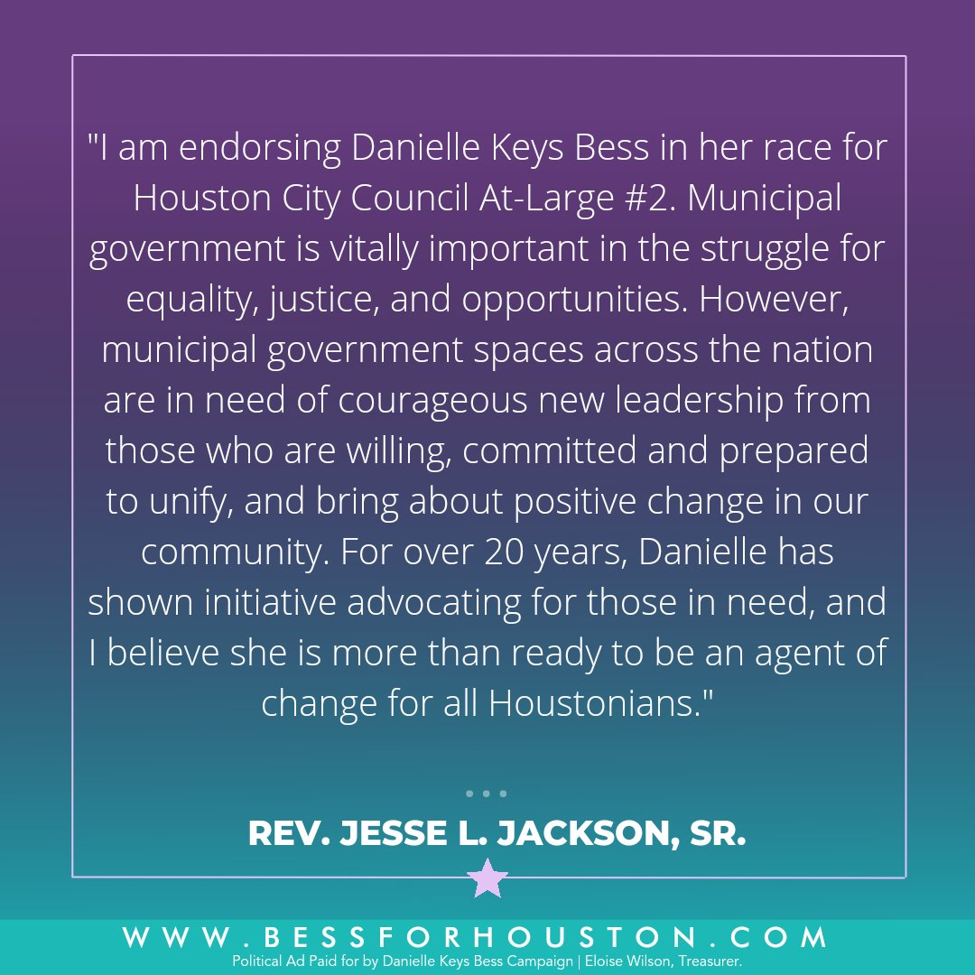 He has marched and worked alongside legends such as Dr. Martin Luther King, Jr., and created pathways that now allow me to run for public office. His advisory participation points us toward victory. A victory not only for our campaign, but for Houstonians on a national level.