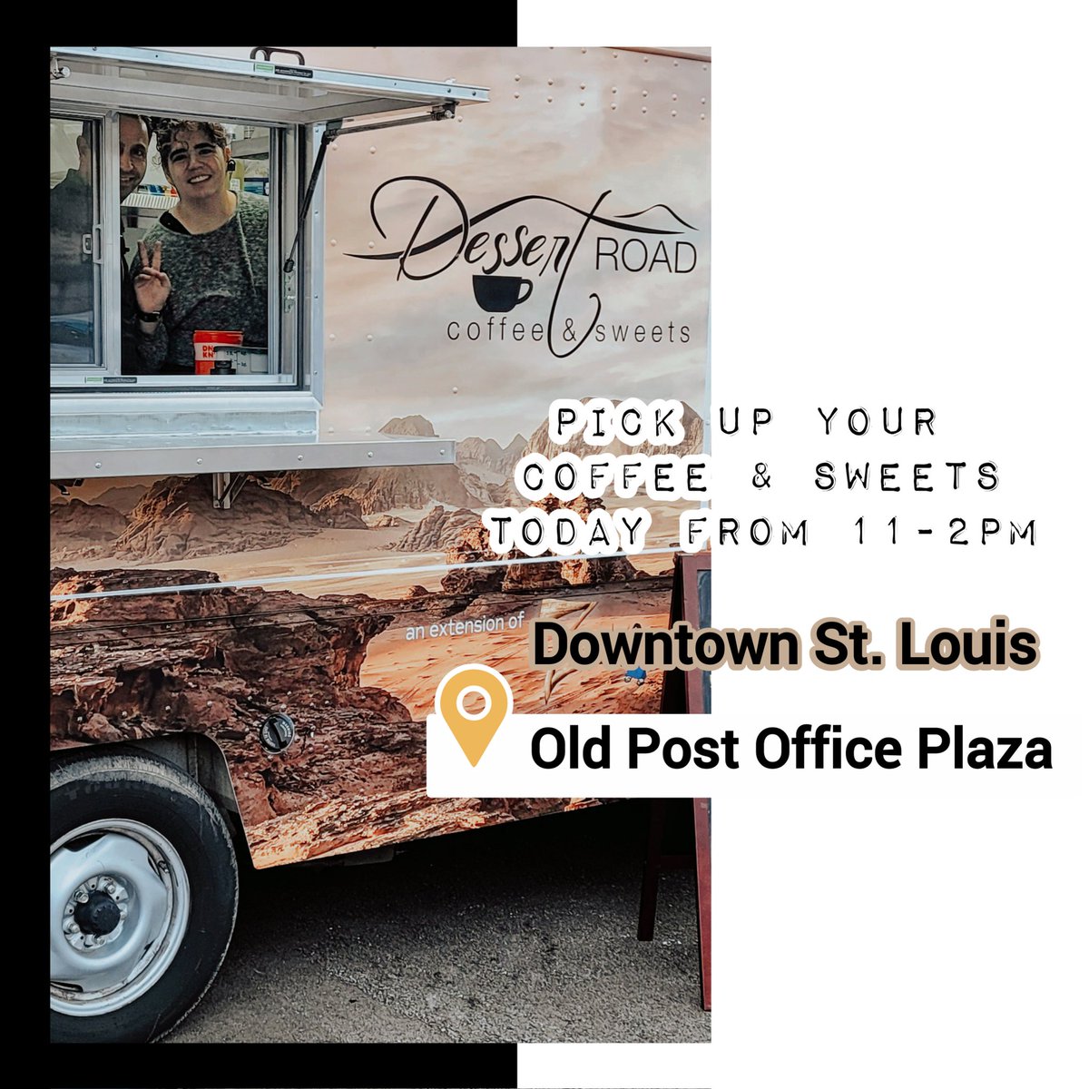 Today is the day! Dessert Road will be filling into downtown St. Louis at the Old Post Office Plaza from 11-2pm! 

#lunchtimelive #downtownstl #oldpostofficeplaza #dessertroadstl #stlcoffee #stlfoodtrucks