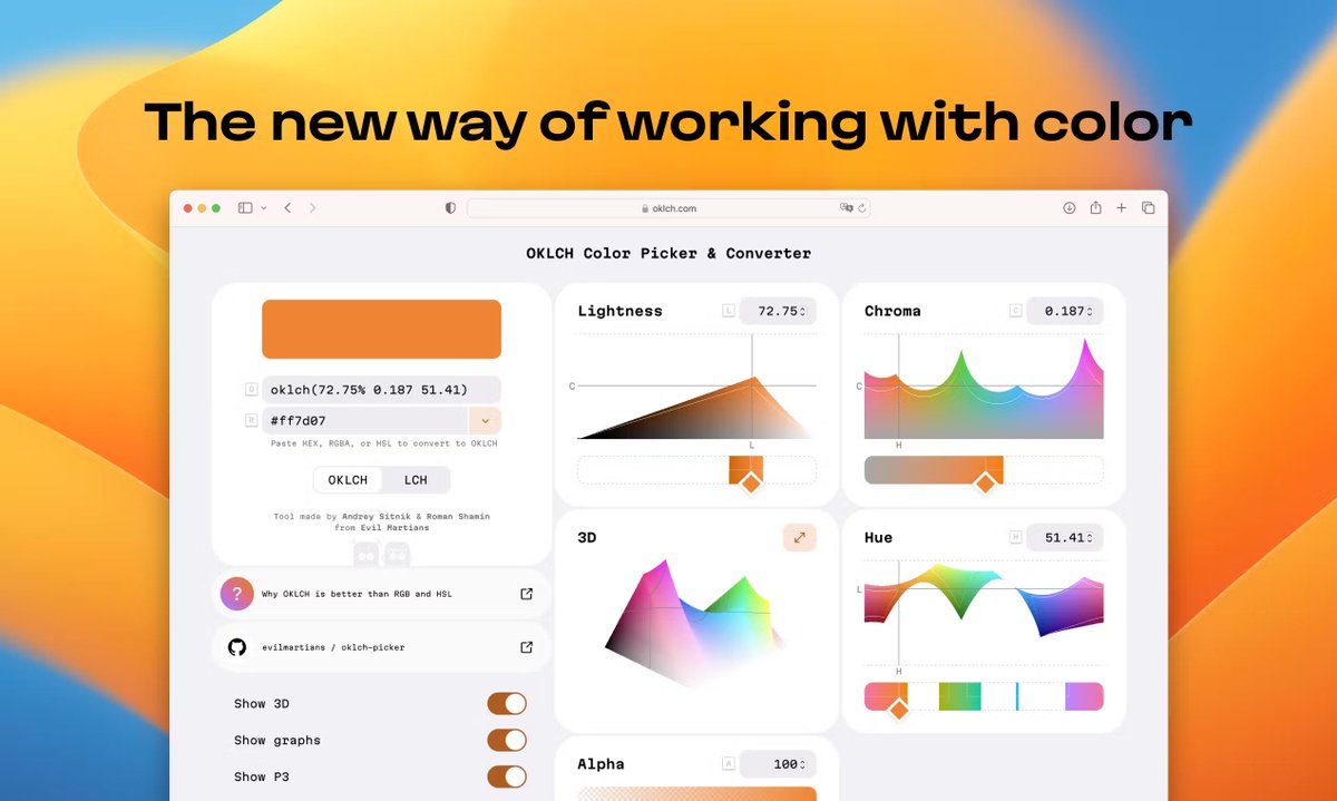 evilmartians's tweet photo. OKLCH Color Picker, a new way to vivid wide-gamut P3 colors in your designs and color manipulations with predictable results, has just landed on @ProductHunt!

If you’ve ever utilized it (or plan to), we’d be happy to have support with your votes!

https://t.co/uDAQ9au23k https://t.co/jLZ32JGi0A