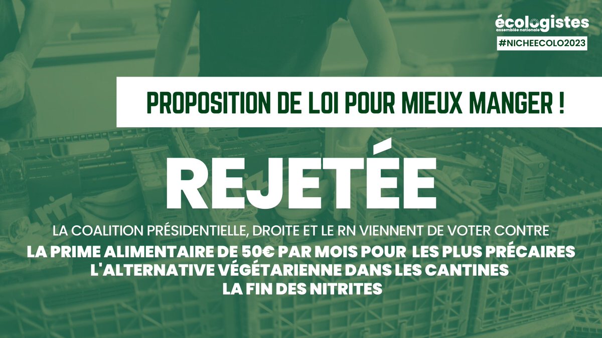 Malgré la forte mobilisation des écologistes, le gouvernement, Renaissance, LR et le RN s'unissent contre une alimentation de qualité et accessible ! Aux riches l'alimentation de qualité, aux plus précaires les #nitrites et la malbouffe. #MieuxManger