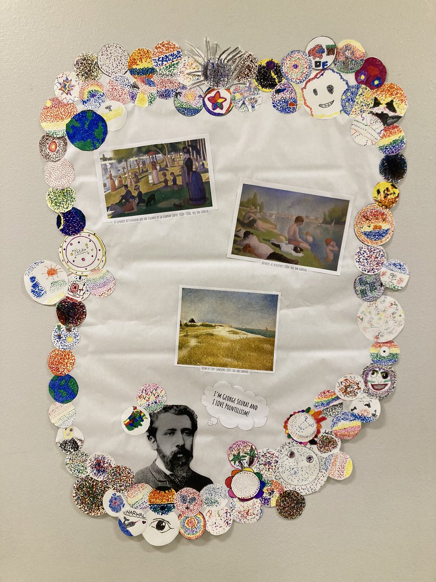 Our Artist of the Month for April is George Seurat 🎉😁 Seurat painted with only small dots (pointillism) and his most famous painting took 2 years to complete! ❤️ thank you to my 1-5th graders for helping me to create this colorful display!
#rjlyear9 <a href="/NetZeroLee/">Richard J. Lee Elementary</a>