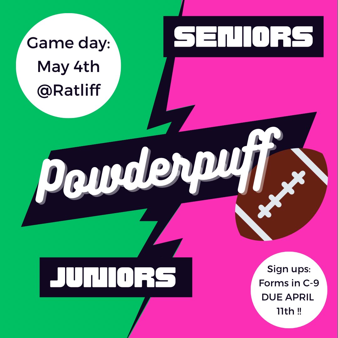 🏈POWDERPUFF🏈

Juniors &amp; Seniors: Are you interested in participating in Powederpuff??

We will also have nominations for guy Junior &amp; Senior coaches, cheerleaders, as well as one Senior guy for King Puff, and one Junior guy for Knight in Waiting. (Spoof on homecoming queen)