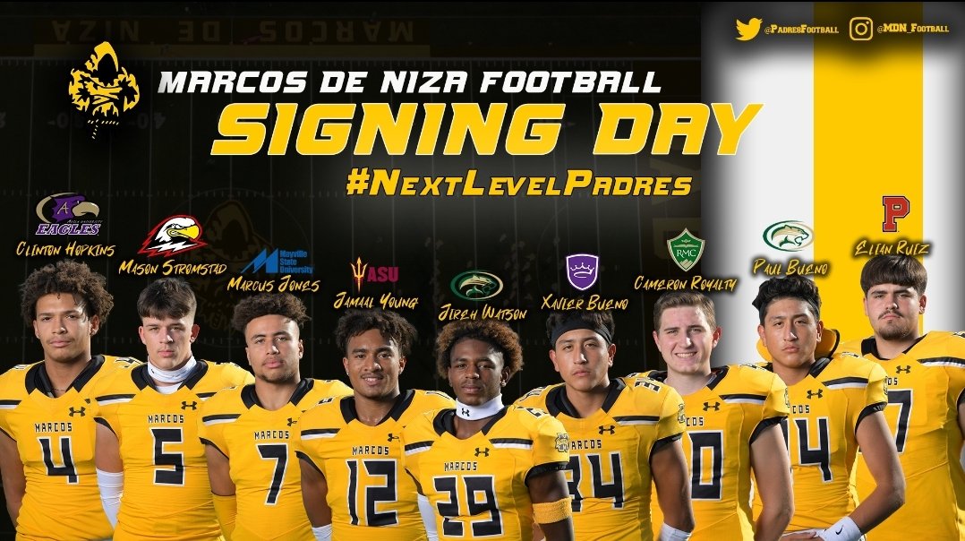 Anthony Figueroa (@coach_figueroa) on Twitter photo Super proud of these young men. They are a special group and we are excited to follow their journey! Congratulations, fellas! #NextLevelPadres
<a href="/MdNAthletics/">Marcos de Niza High School Athletics</a> <a href="/mdnpadres/">Marcos de Niza High School</a>
<a href="/AvilaUniversity/">AvilaUniversity</a> <a href="/SUUFB_/">Southern Utah Football</a> <a href="/mayville_FB/">Comet Football</a> <a href="/ASUFootball/">Sun Devil Football</a> <a href="/PapagoPumas/">Papago Pumas JUCO Football</a> <a href="/CrownCollegeFB/">Crown College Football</a> <a href="/BattlinBears/">Rocky Mountain College Battlin' Bears</a> <a href="/Boxer_Football/">Pacific Football</a> Super proud of these young men. They are a special group and we are excited to follow their journey! Congratulations, fellas! #NextLevelPadres
<a href="/MdNAthletics/">Marcos de Niza High School Athletics</a> <a href="/mdnpadres/">Marcos de Niza High School</a>
<a href="/AvilaUniversity/">AvilaUniversity</a> <a href="/SUUFB_/">Southern Utah Football</a> <a href="/mayville_FB/">Comet Football</a> <a href="/ASUFootball/">Sun Devil Football</a> <a href="/PapagoPumas/">Papago Pumas JUCO Football</a> <a href="/CrownCollegeFB/">Crown College Football</a> <a href="/BattlinBears/">Rocky Mountain College Battlin' Bears</a> <a href="/Boxer_Football/">Pacific Football</a>