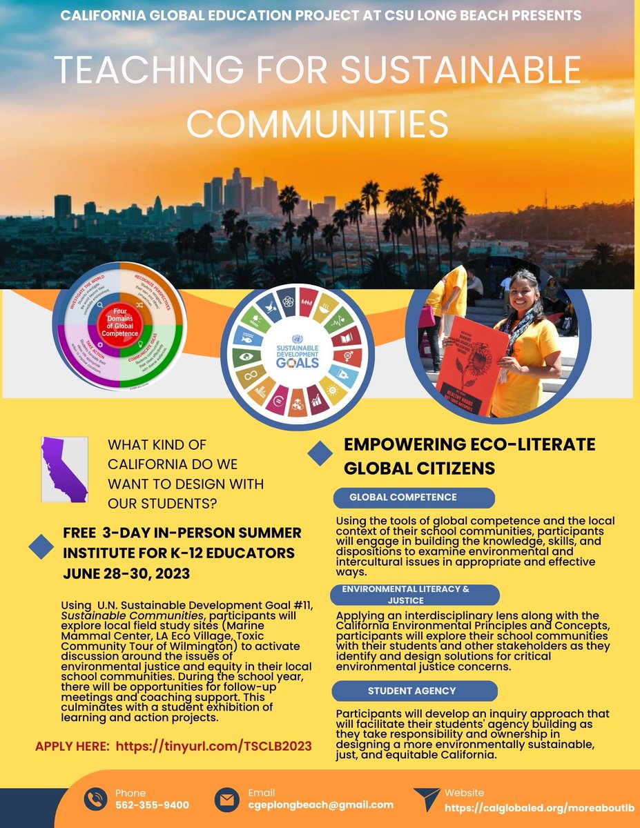 An amazing opportunity for K-12 teachers: Teaching for Sustainable Communities Institute, coming 6/28-6/30 2023. T-take a field trip with us; S-learn strategies to Save the planet; C-activate your inner Climate hero.  Apply at:tinyurl.com/TSCLB2023
@Calglobaled @CalglobalEdNet