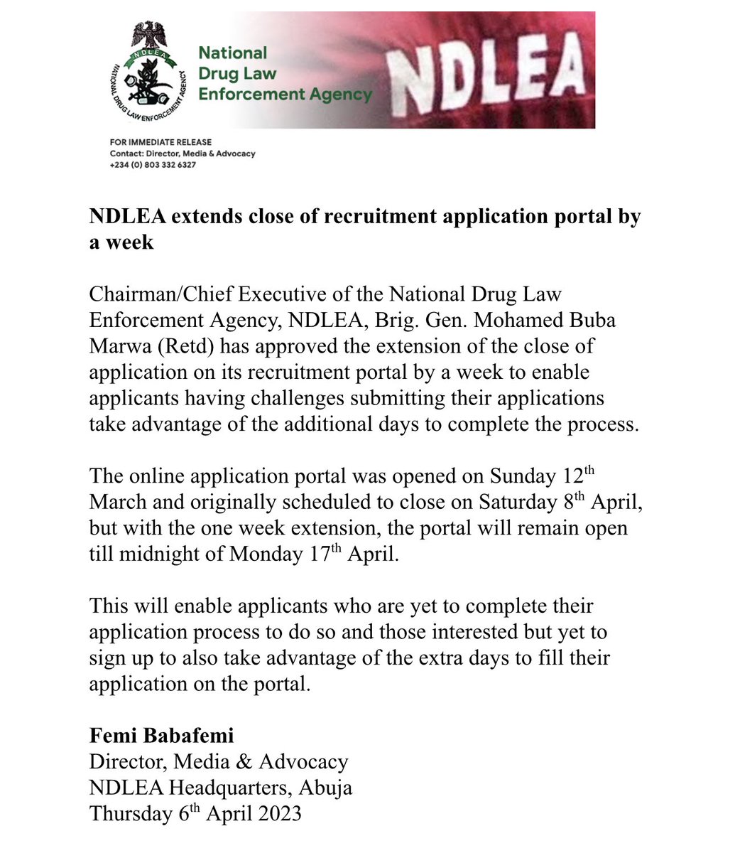 Just in: NDLEA extends close of recruitment application portal by a week