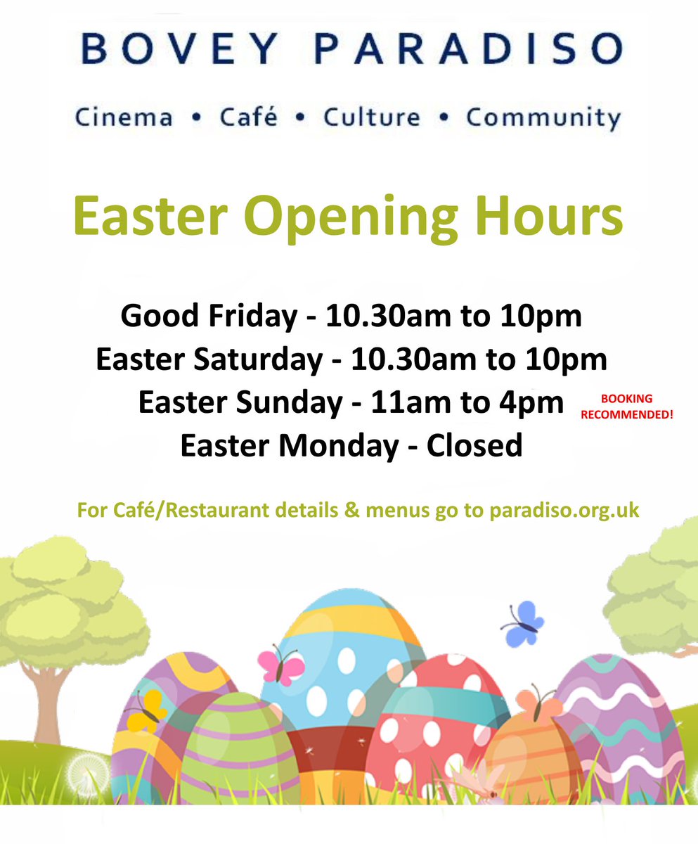 The team at Paradiso would like to wish all our customers a very happy Easter, thank you for your continuing support!

We are open on Good Friday, Saturday &amp; Easter Sunday.

To book a table at our new Café/Restaurant, please click the link below. 
paradiso.org.uk/Caf%C3%A9Resta…
#Devon