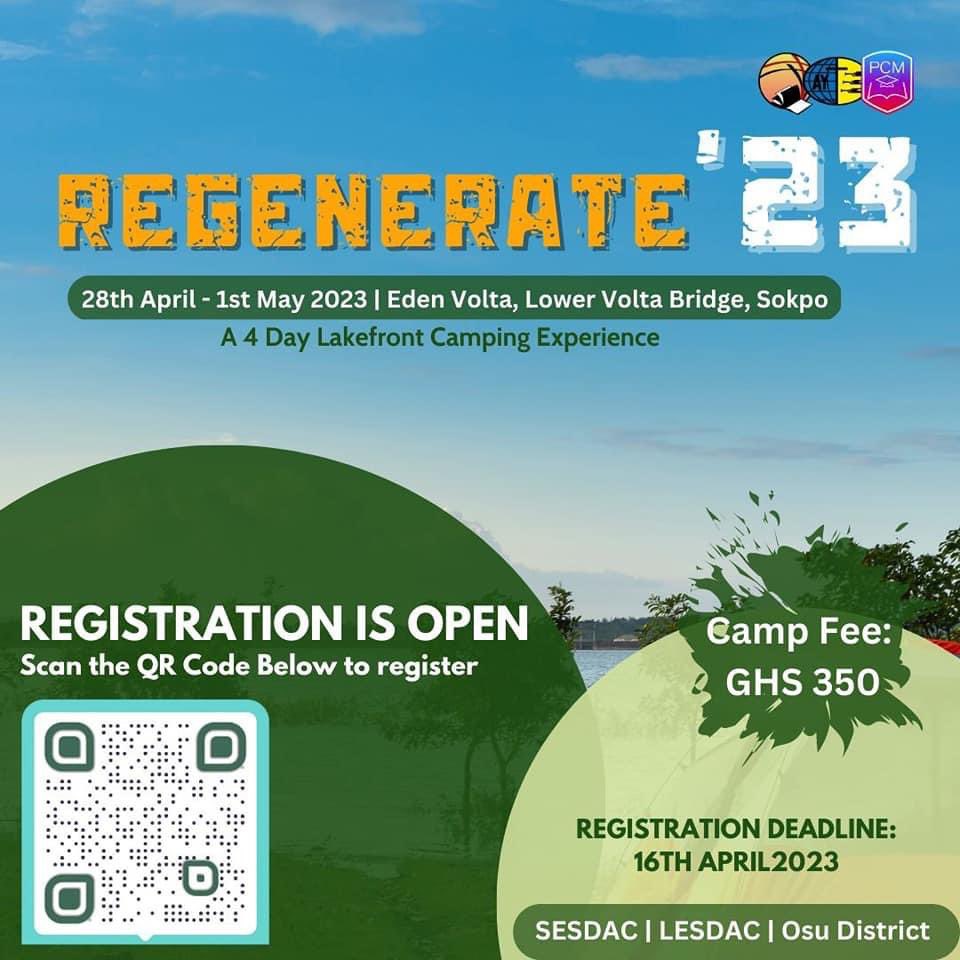 AdventistBeyond's tweet photo. Regenerate’23 is coming off soon . Register now !
NB: the camp is admitting a total of only 150 persons from the entire group (SESDAC, Lesdac, Osu district). Register as soon as possible. Don't be left out! Info: @sesdac #SesdacYouth #campout #regenerate #adventistyouth https://t.co/6FLg7xiUpk