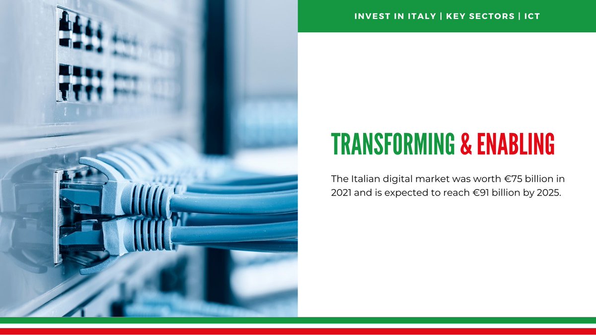 The #Italian information and communication technologies (ICT) sector is booming! 🇮🇹 Thanks to the implementation of #Italy's National Recovery and Resilience Plan, there's never been a better time to invest in Italy.