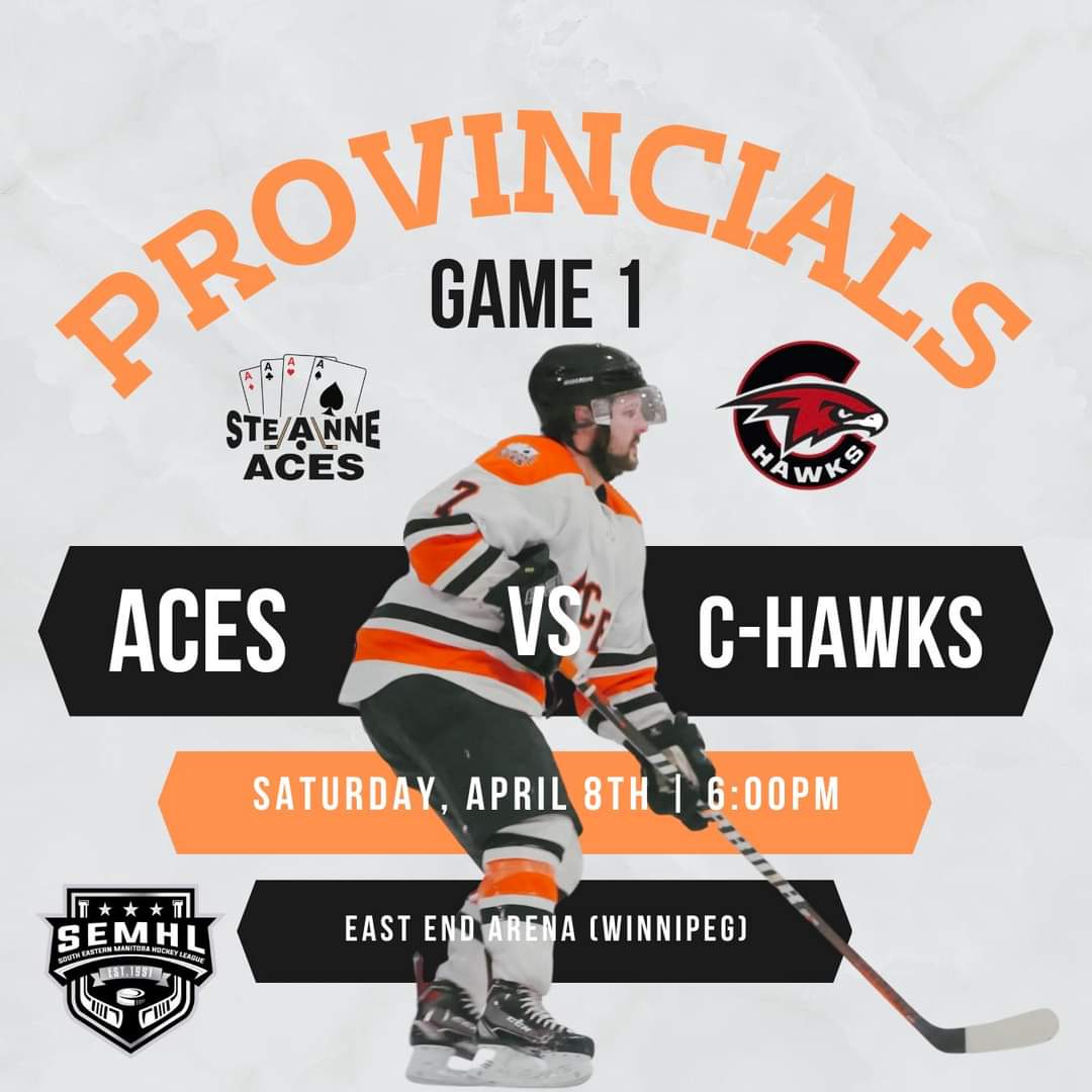 Provincials game 1 this Saturday at 6pm vs. Miniota/Elkhorn C-Hawks. 

Come out and Cheer on our Ste. Anne Aces at East End! 🏒