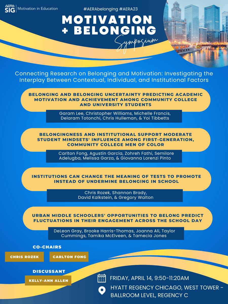 carlton_fong's tweet photo. Going to #AERA23?👍 
Interested in #belonging + #motivation?🙌

Join our @AERA_MotSIG symposium on Friday (4/14) for an exciting session feat. @chrisrozek @DrDeLeonGray @BrookeEdu @GaramAnnLee @carlton_fong &amp; @drkellyallen as discussant!

https://t.co/XuwgcUTE0i👈

#AERAbelonging https://t.co/nYBS4gjTWu