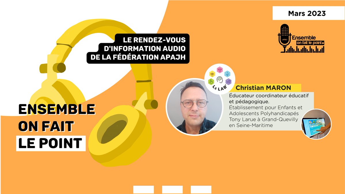 APAJH's tweet photo. #Podcast_APAJH "Ensemble, on fait le point"
Ce numéro met en avant l'#EEAP Tony Larue à Grand-Quevilly en #SeineMaritime dans le cadre du LAB’, un espace nouveau pour un accompagnement en lien avec les nouvelles technologies #polyhandicap #ESS
https://t.co/VVts15rnnp https://t.co/Ujs7uQingj