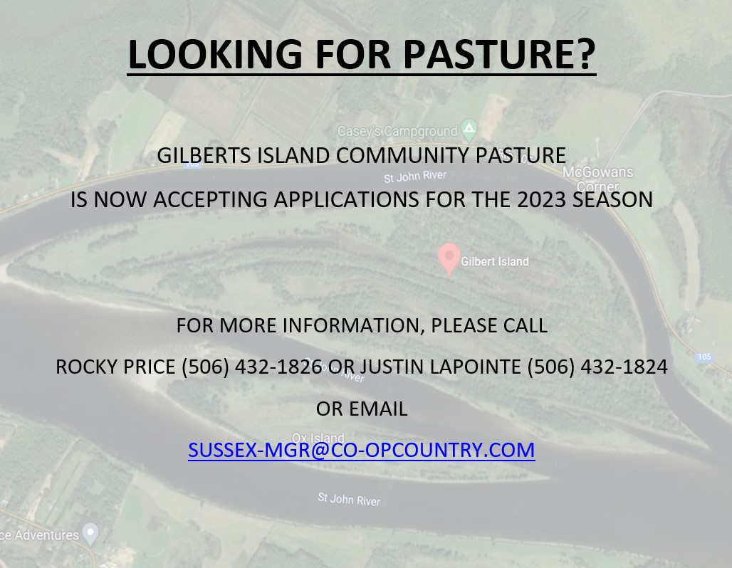 We are now taking applications for the 2023 season of the Gilbert's Island pasture.
All applications are due by APRIL 22ND. 
If you need more information or have any questions, please feel free to call Rocky @ (506) 432-1826 or Justin @ (506) 432-1824.