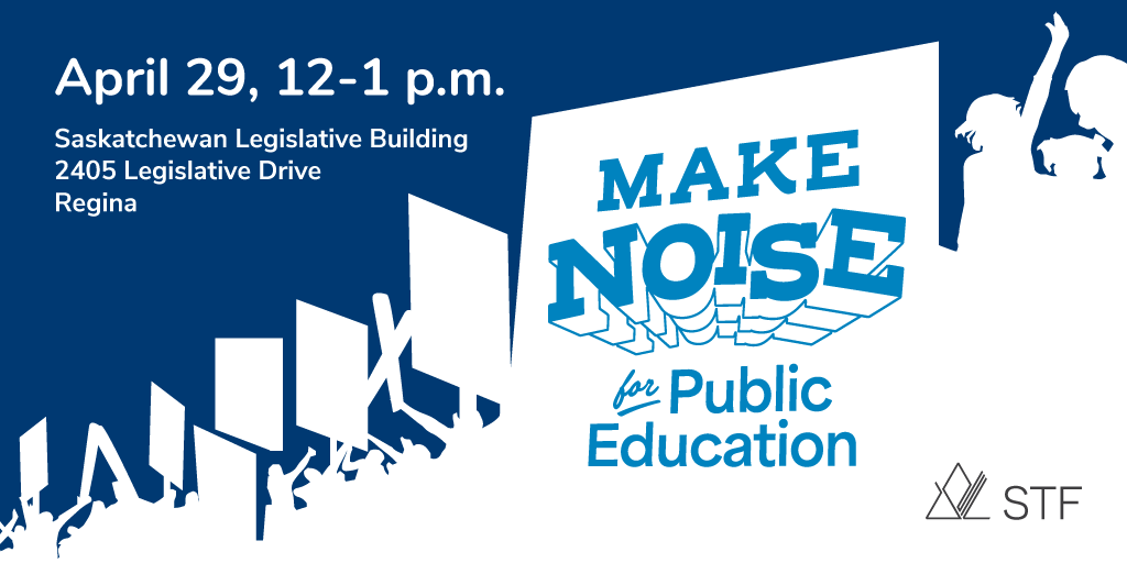 SaskTeachersFed's tweet photo. Are you ready to #MakeNoise4Ed? 📣

We cannot stand by and watch as our education system crumbles due to lack of funding and support. 

Join us at the Rally for Public Education on April 29 to demand that our government invests in our schools and teachers! https://t.co/Ls23mAA2KS https://t.co/xxryxMZBOe