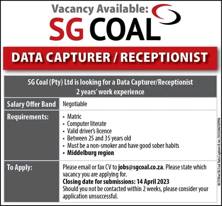 Carol B. 🇿🇦 (@carolboitumelo1) on Twitter photo We are looking for the following:
🔹Data Capturer/Receptionist
Please send CV’s to: jobs@sgcoal.co.za
Please state what vacancy you are applying for.
Closing Date: 14 April 2023.
#inmiddelburg #middelburgobserver #witbanknews #middelburg #witbank We are looking for the following:
🔹Data Capturer/Receptionist
Please send CV’s to: jobs@sgcoal.co.za
Please state what vacancy you are applying for.
Closing Date: 14 April 2023.
#inmiddelburg #middelburgobserver #witbanknews #middelburg #witbank