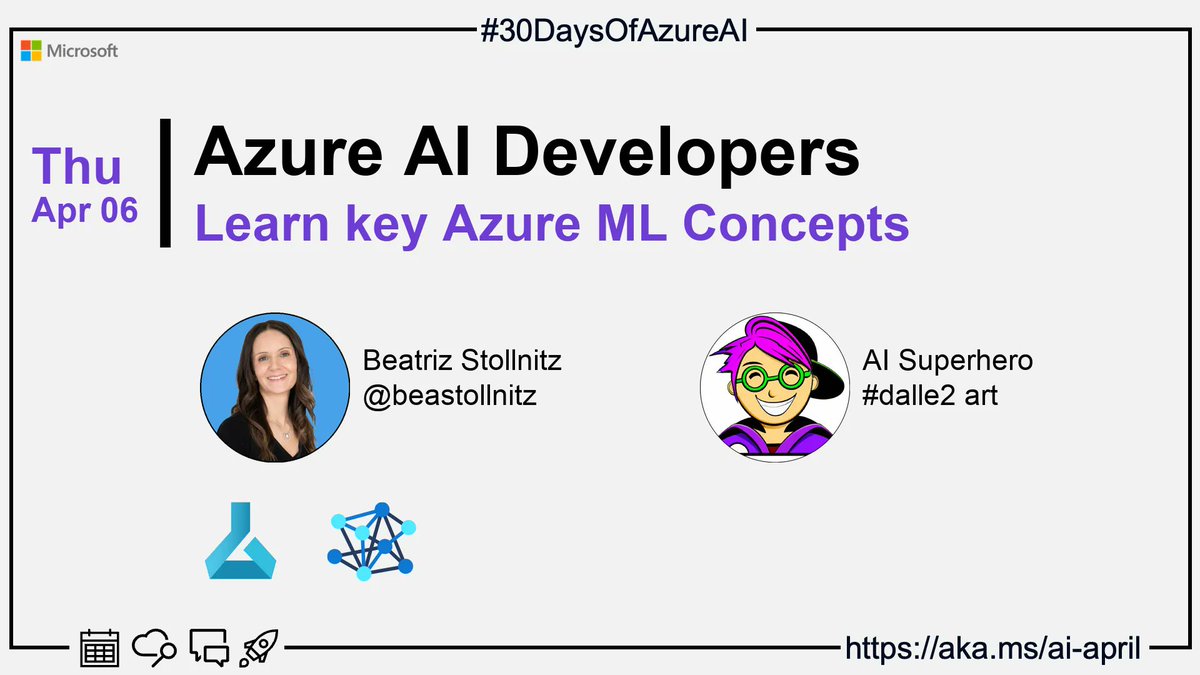 jimbobbennett's tweet photo. #30DaysOfAzureAI for the 6th April:

🏁Learn key Azure ML Concepts

Learn key Azure ML Concepts with this primer

https://t.co/GzgksAUicN https://t.co/lfScJbIxRb