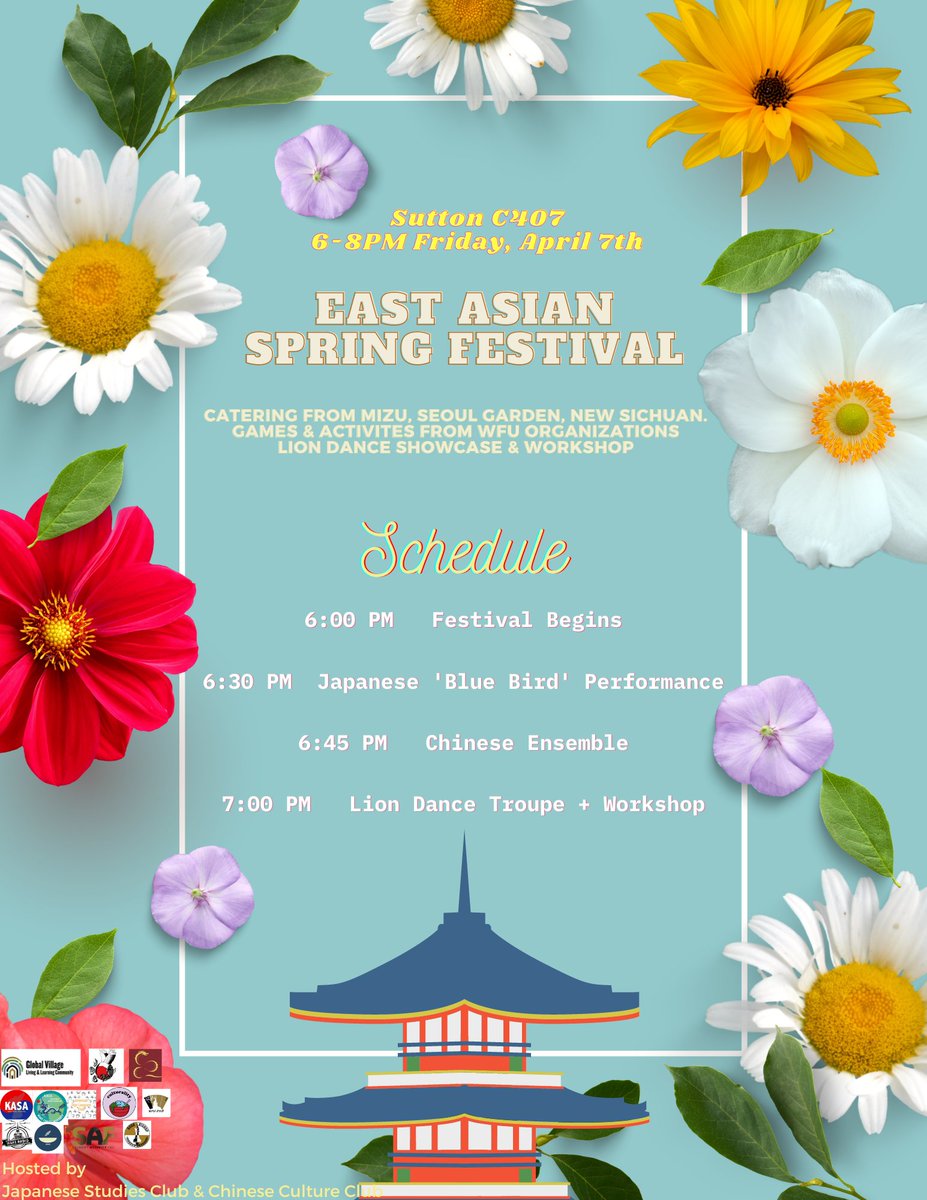EALCWFU's tweet photo. Celebrate the spring at the EAST ASIAN SPRING FESTIVAL tomorrow (Fri 4/7 6PM at Sutton C407)! It may be rainy but the room will be full of positive energy of our amazing students and Asian food! Way to go Japanese Studies Club, Chinese Culture Club &amp; 10 co-sponsors #wfu @EALCWFU https://t.co/g9nFYYsxk5