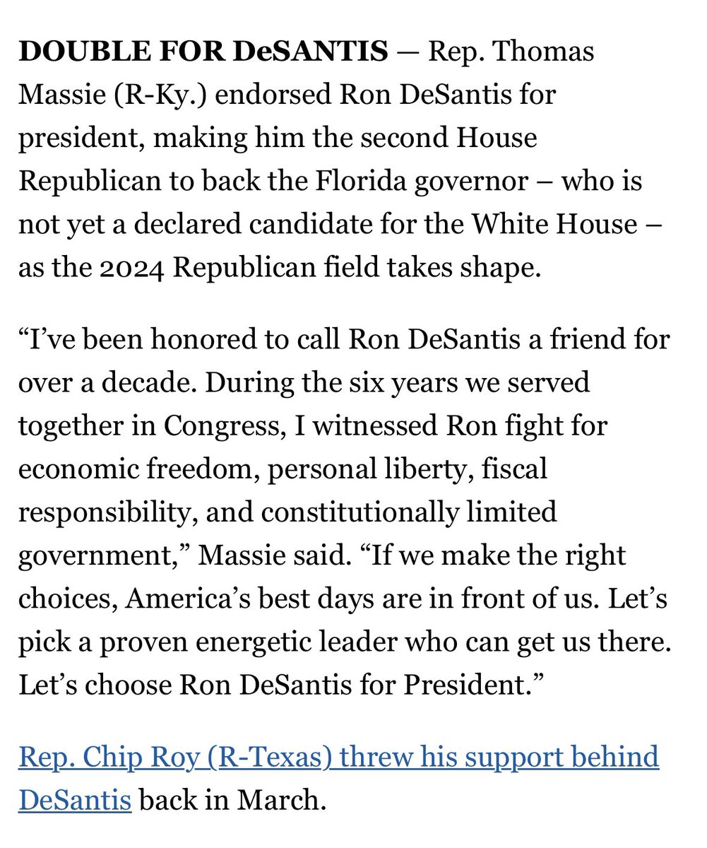 MassieforKY's tweet photo. I’ve been honored to call Ron DeSantis a friend for over a decade. During the six years we served together in Congress, I witnessed Ron fight for economic freedom, personal liberty, fiscal responsibility, and constitutionally limited government.

https://t.co/by4KzwATOX https://t.co/idQXOgR64P