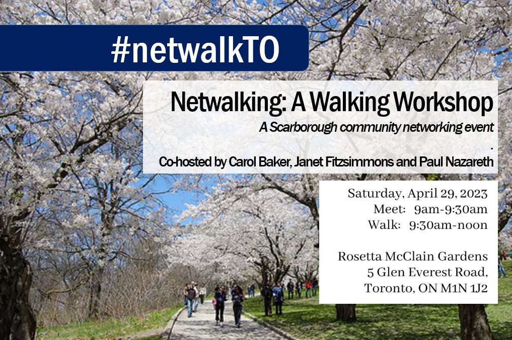 Thank you Carol and Janet for coming up with this #Scarborough community event - a co-hosted #netwalkTO with me! 

April 29, free to all, details at eventbrite.ca/e/netwalkto-sc… 

What is netwalking? Learn more at linkedin.com/pulse/together…