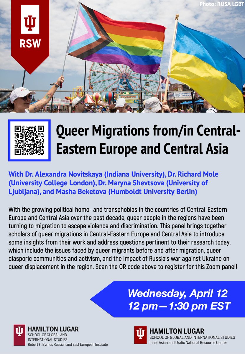 RSW_IU's tweet photo. Join us at 12 pm on April 12 for a Zoom panel on "Queer Migrations from/in Central-Eastern Europe and Central Asia" moderated by our postdoctoral fellow Dr. Alexandra Novitskaya! Please register here to attend: https://t.co/IKndYn0Oli
This panel is co-sponsored by @IUREEI @iaunrc https://t.co/DnPOvTIenv