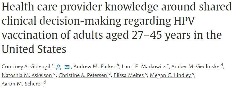 Our @HaPPISurveys survey of HCPs on shared decision making w/adults aged 27-45 for #hpv #vaccination

@c_gidengil @andrewmparker1 @kalicat15 & others

sciencedirect.com/science/articl…

#VaccinesWork #SDM #MDMTwitter