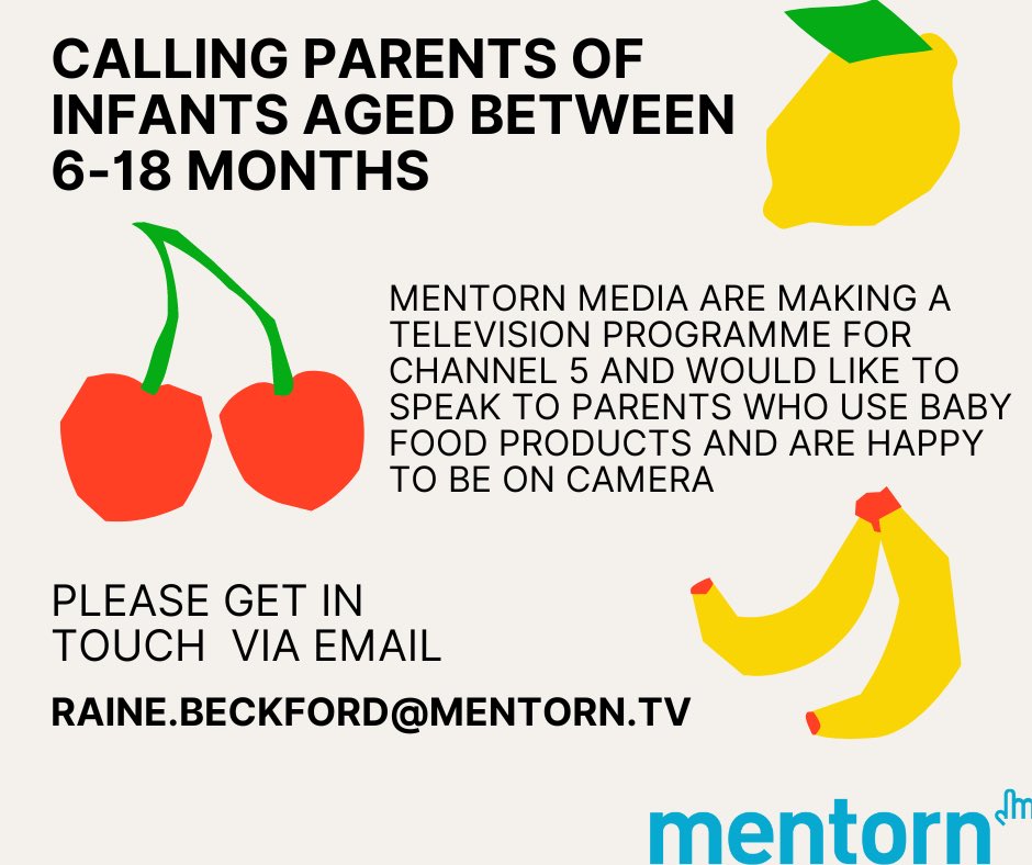 I’m looking for parents who would be happy to chat about their food routines and what they like to feed their babies, please contact me at raine.beckford@mentorn.tv for more info! #BeOnTV #journorequest