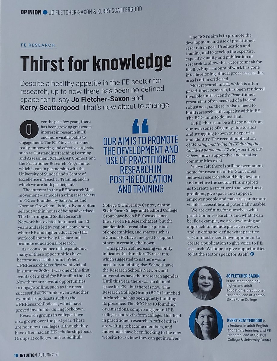 KMScattergood's tweet photo. Publishing @RCGResearch practitioner research projects in @SocietyET publication, Intuition. @JFletcherSaxon and me on the founding of the Research College Group and its aims.
#RCGResearch #FESpeaks https://t.co/ycYHB9c4t6